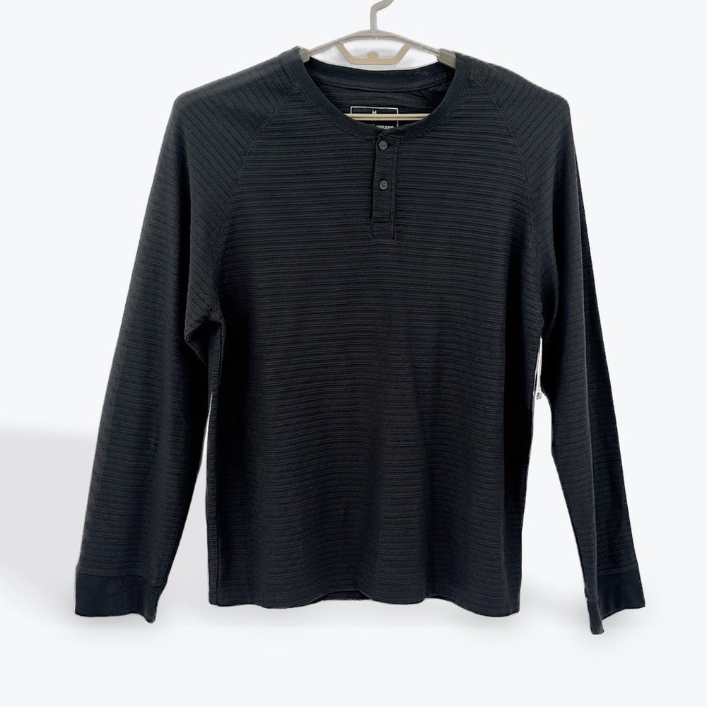 Mutual Weave Mens Long Sleeve Button Henley Shirt Black Ribbed Texture L